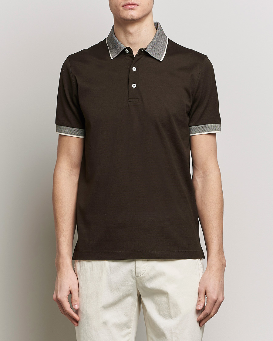 Herren | Poloshirts | Canali | Contrast Collar Short Sleeve Polo Dark Brown