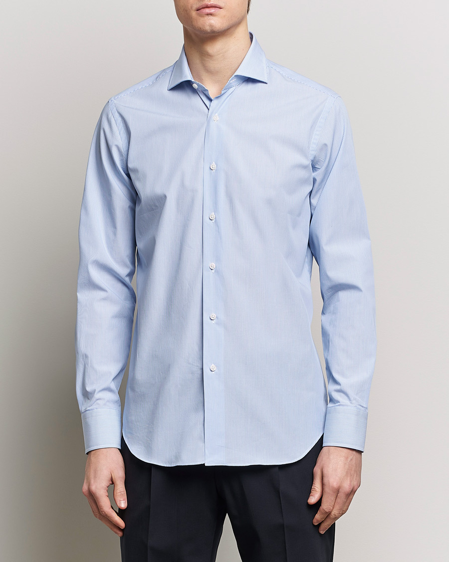 Herren | Businesshemden | Grigio | Cotton Poplin Dress Shirt Light Blue Stripe