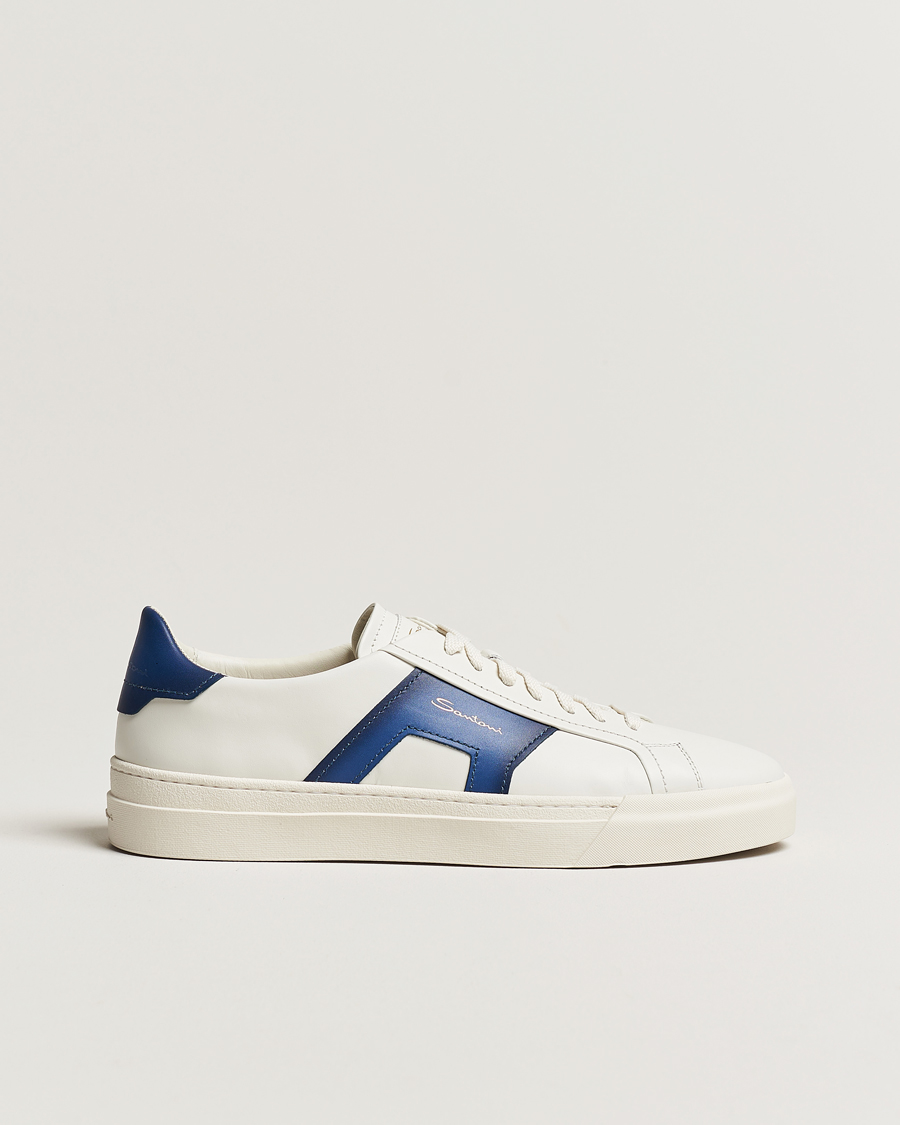 Herren | Santoni Double Buckle Sneakers White/Navy | Santoni | Double Buckle Sneakers White/Navy