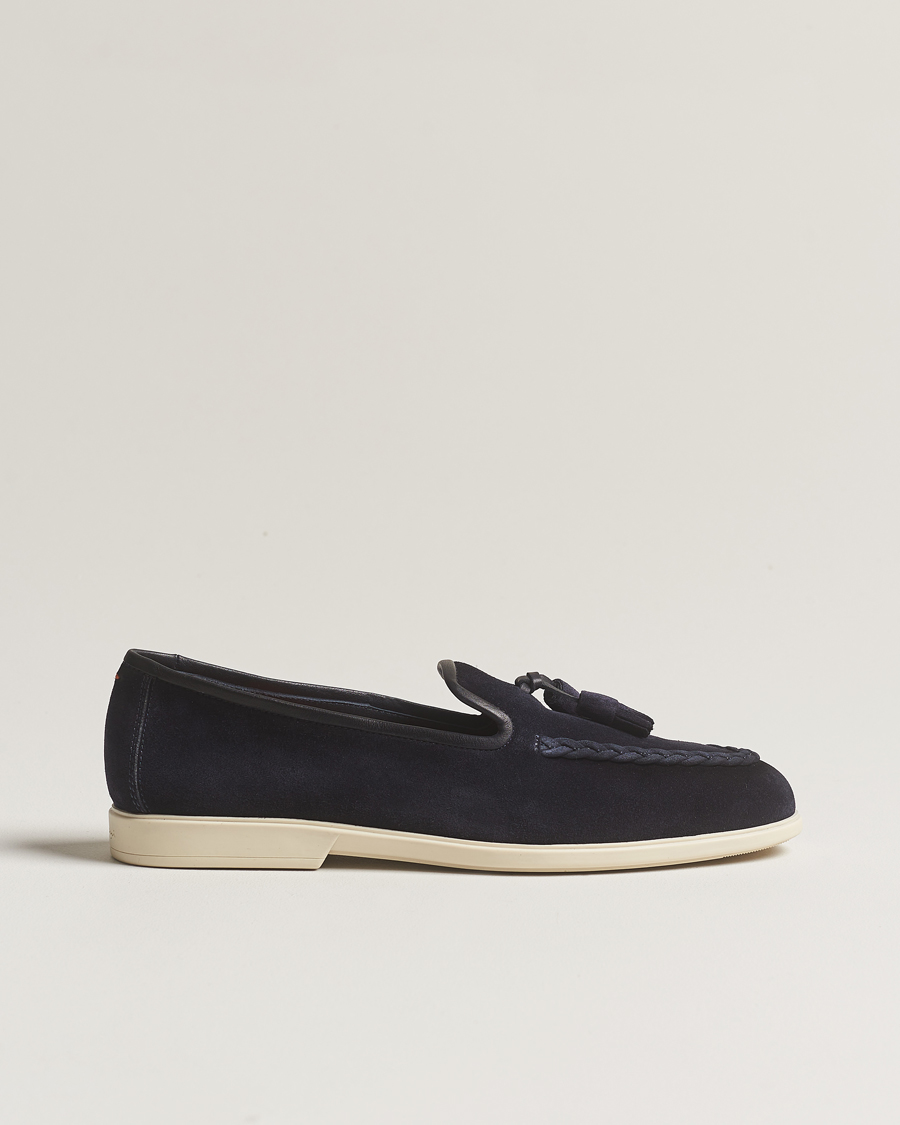 Herren | Santoni Summer Tassel Loafers Navy Suede | Santoni | Summer Tassel Loafers Navy Suede