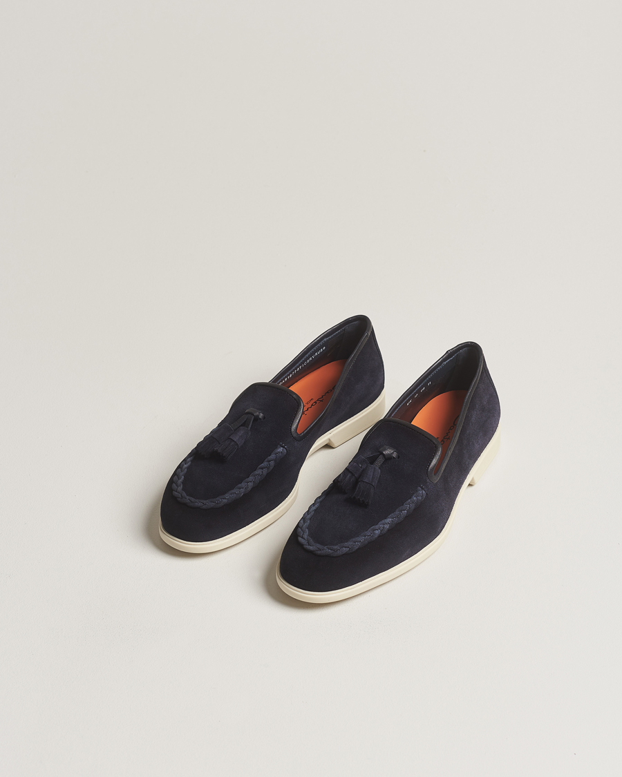Herren | Santoni Summer Tassel Loafers Navy Suede | Santoni | Summer Tassel Loafers Navy Suede