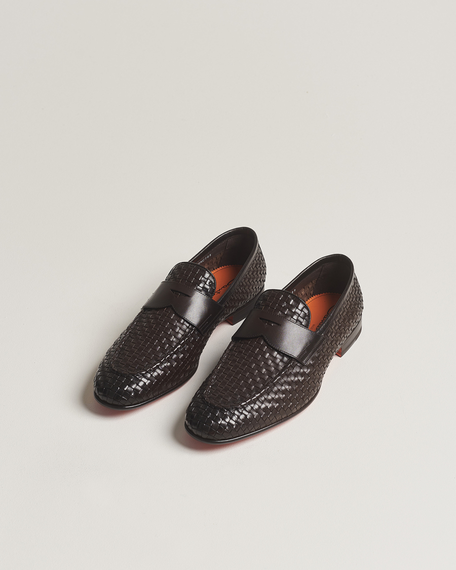 Herren | Santoni Braided Penny Loafers Dark Brown Calf | Santoni | Braided Penny Loafers Dark Brown Calf