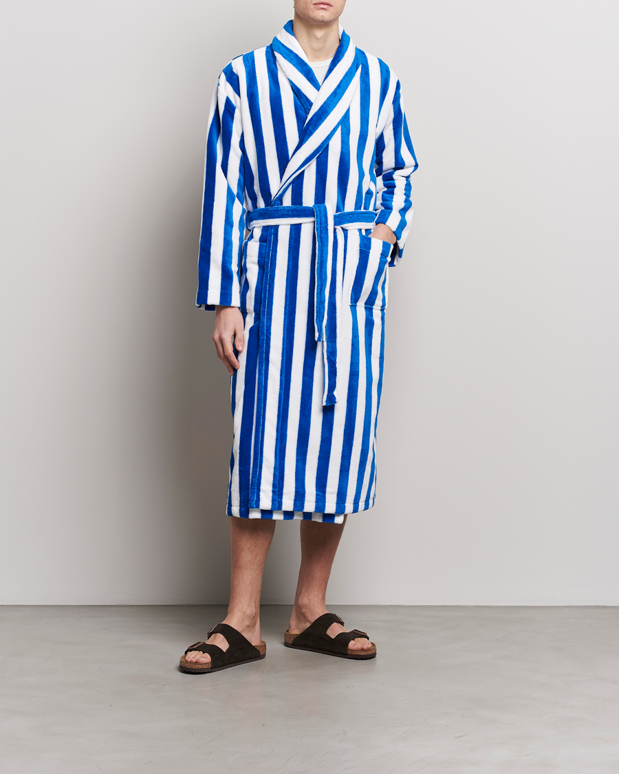 Herren | Schlafanzüge & Bademäntel | Derek Rose | Cotton Velour Striped Gown Blue/White