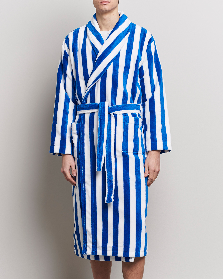 Herren | Morgenmantel | Derek Rose | Cotton Velour Striped Gown Blue/White