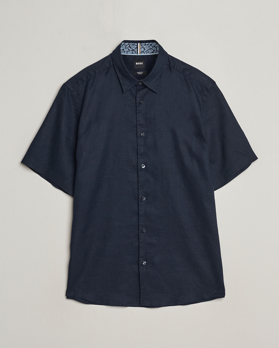 Herren | Hemden | BOSS BLACK | Liam Short Sleeve Linen Shirt Dark Blue