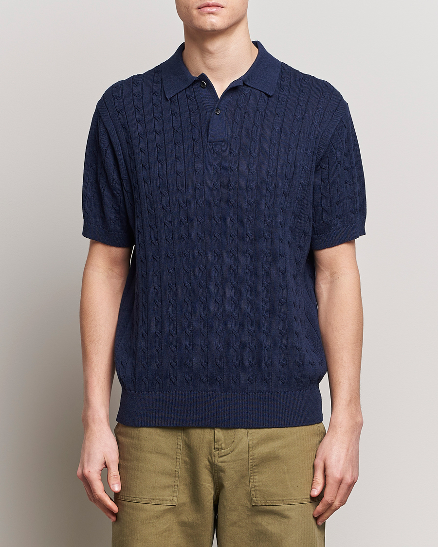 Herren | Japanese Department | BEAMS PLUS | Cable Knit Short Sleeve Polo Navy