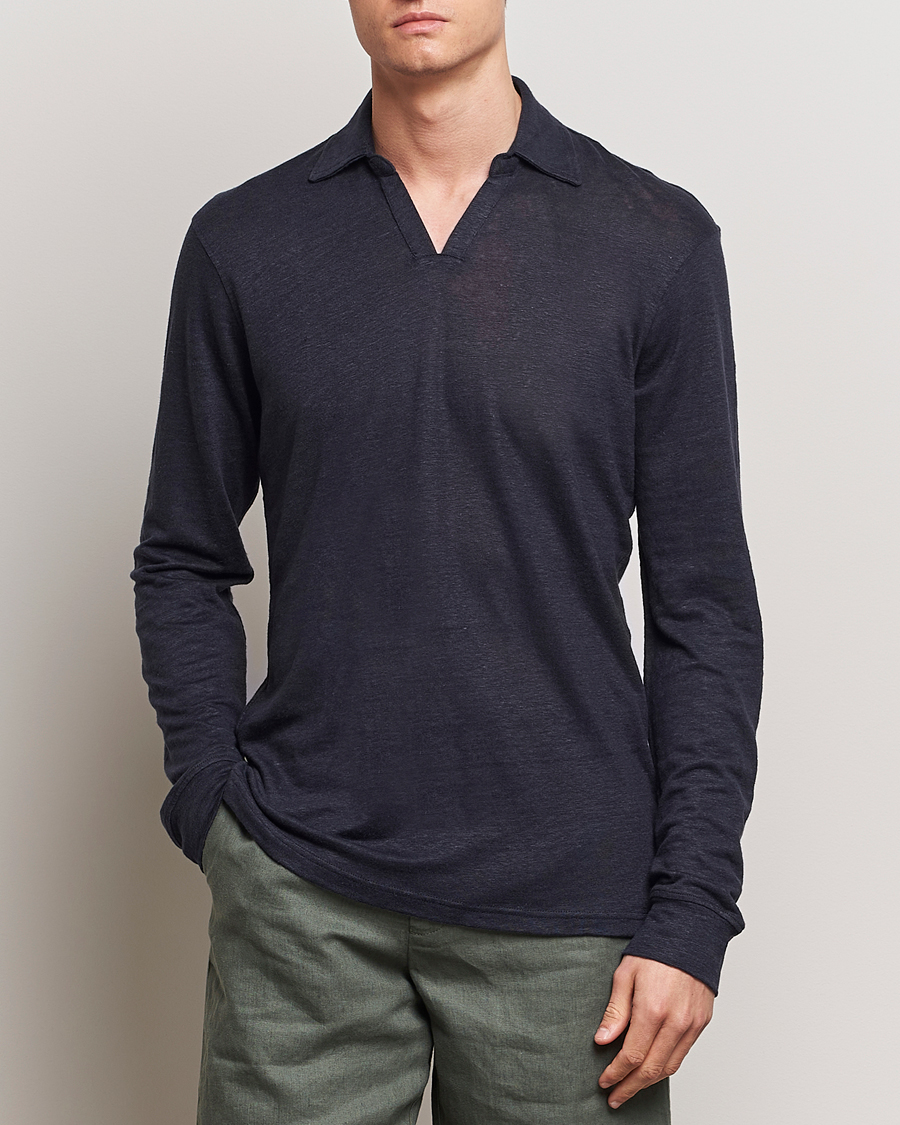 Herren | Pullover | Orlebar Brown | Felix Long Sleeve Slub Linen Polo Night Iris