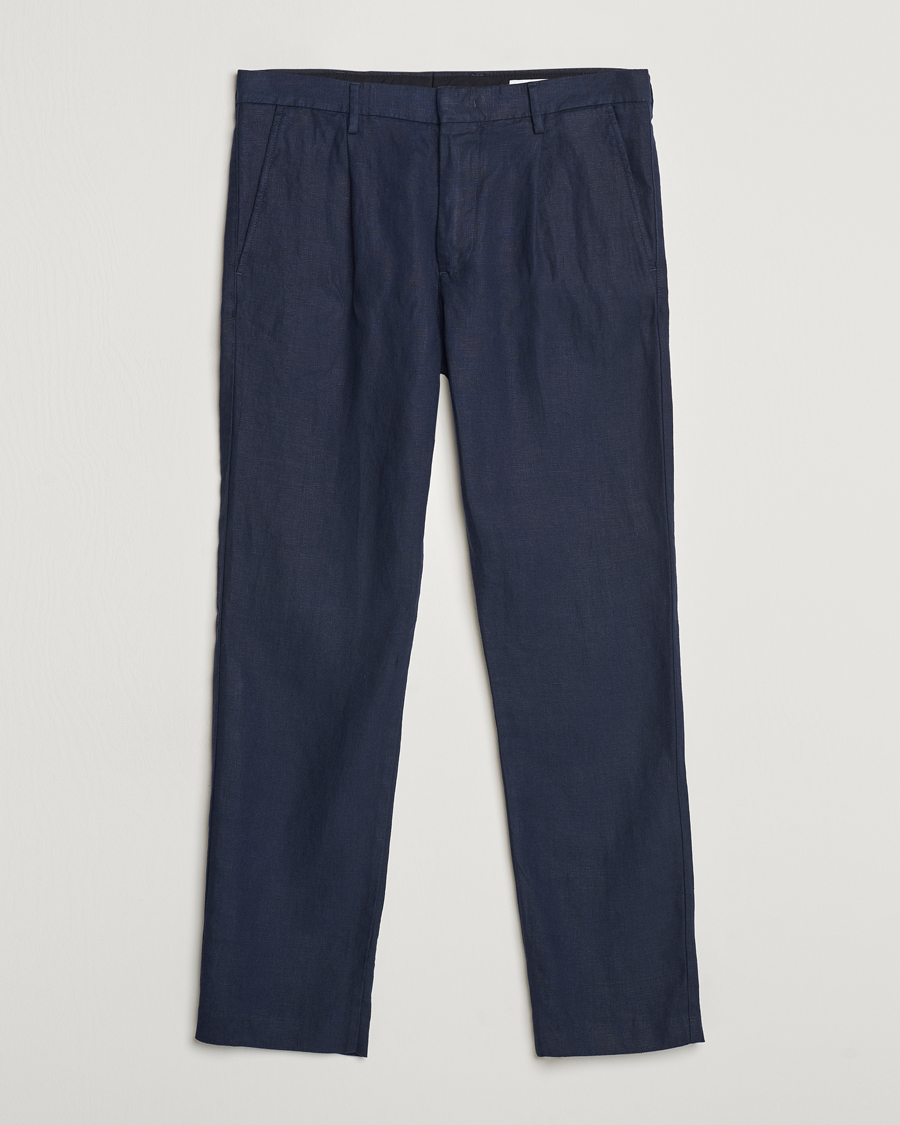 Herren | Hosen | NN07 | Bill Pleated Linen Trousers Navy Blue