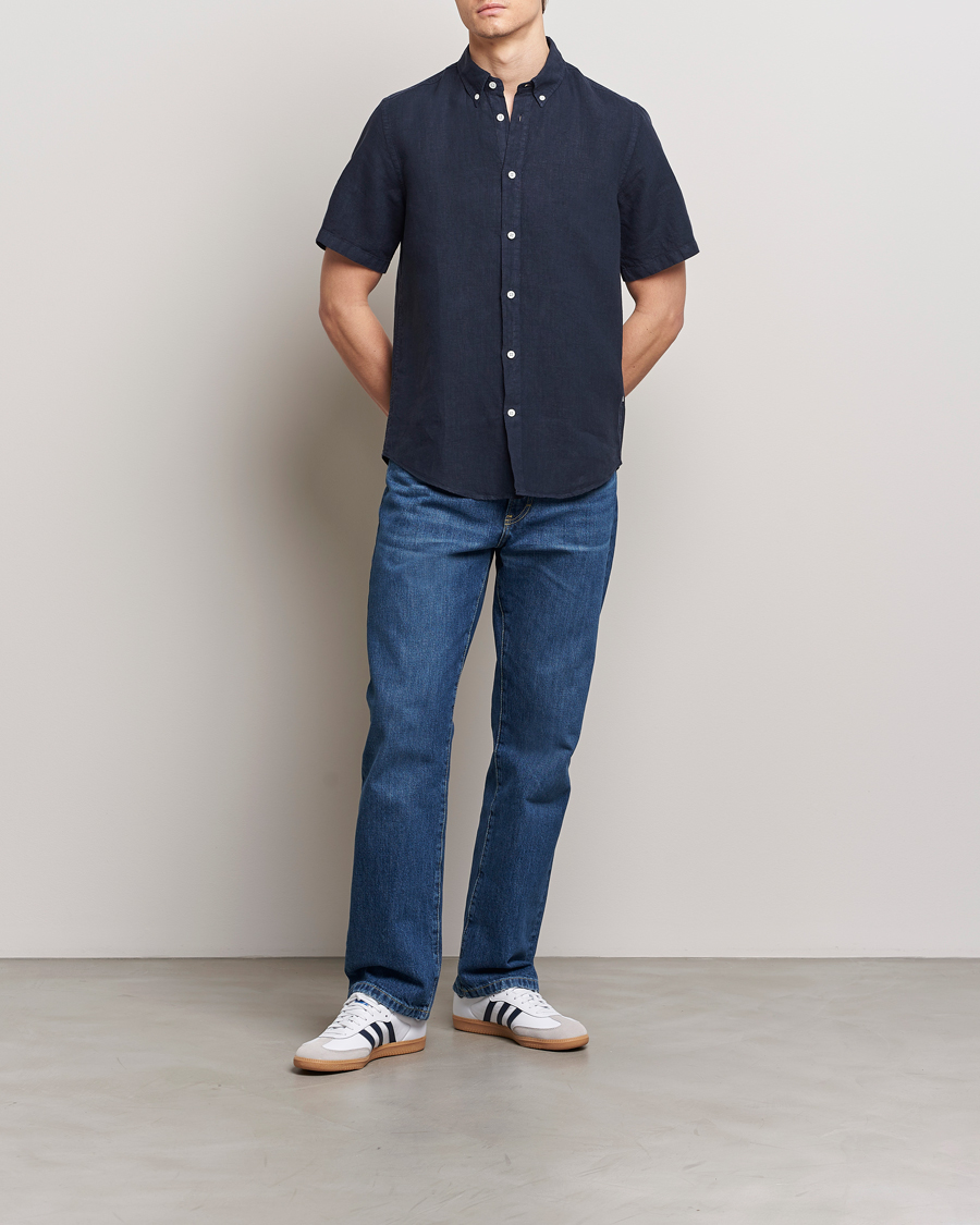 Herren | Hemden | NN07 | Arne Linen Short Sleeve Shirt Navy Blue