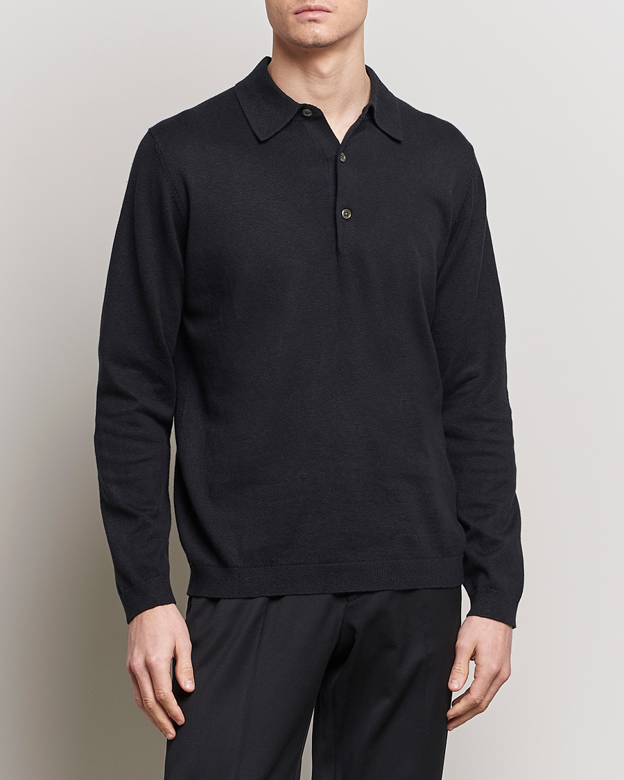 Men | Sweaters & Knitwear | A Day\'s March | Ambroz Cotton/Linen Polo Black