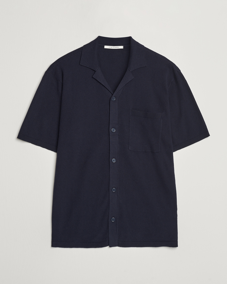 Herren | Hemden | A Day's March | Yamu Knitted Herringbone Shirt Navy