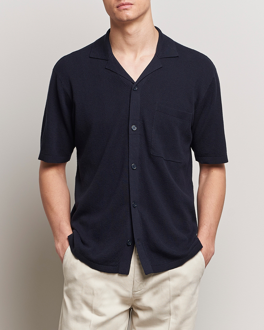 Herr | A Day's March | A Day\'s March | Yamu Knitted Herringbone Shirt Navy