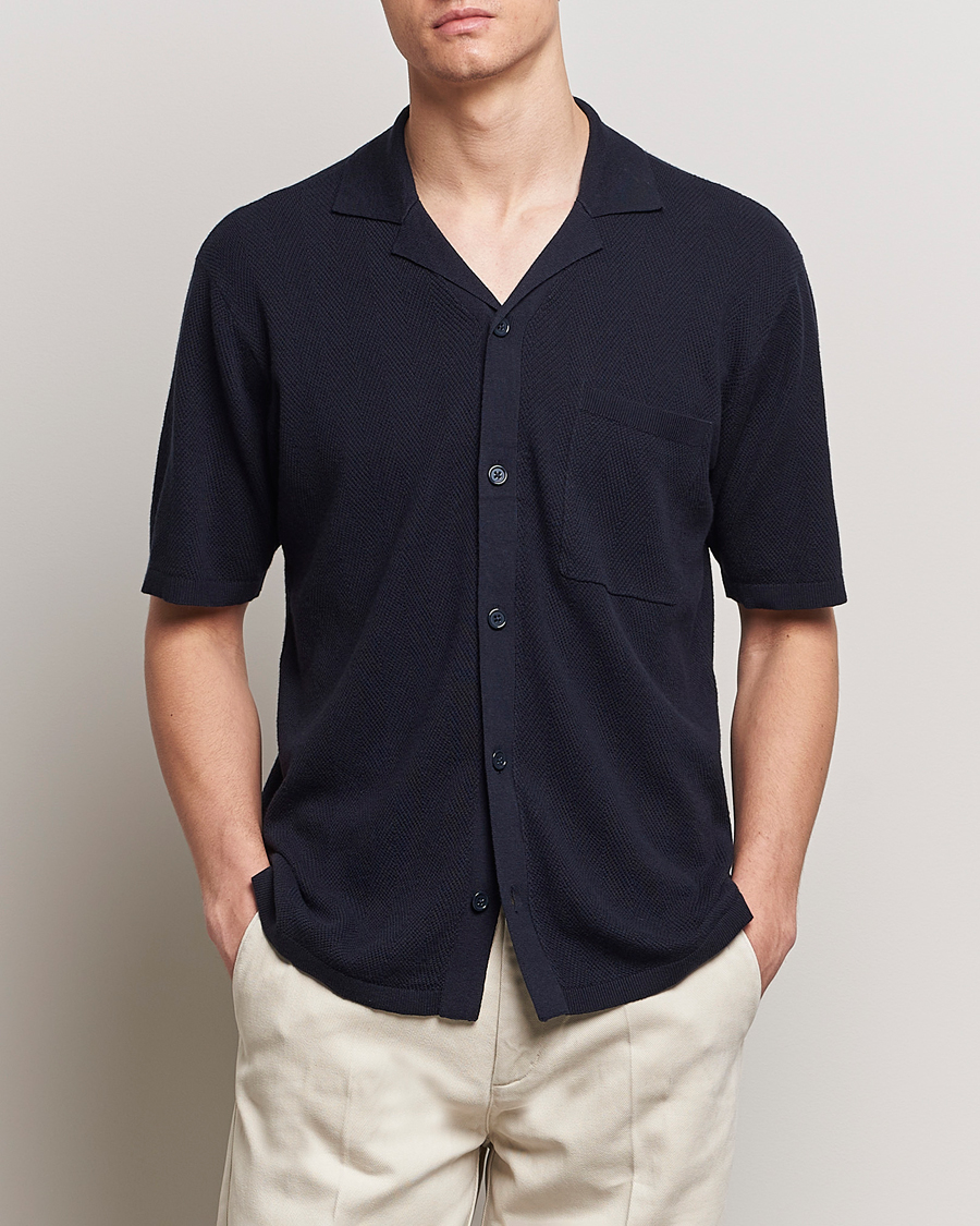 Herren | Hemden | A Day's March | Yamu Knitted Herringbone Shirt Navy