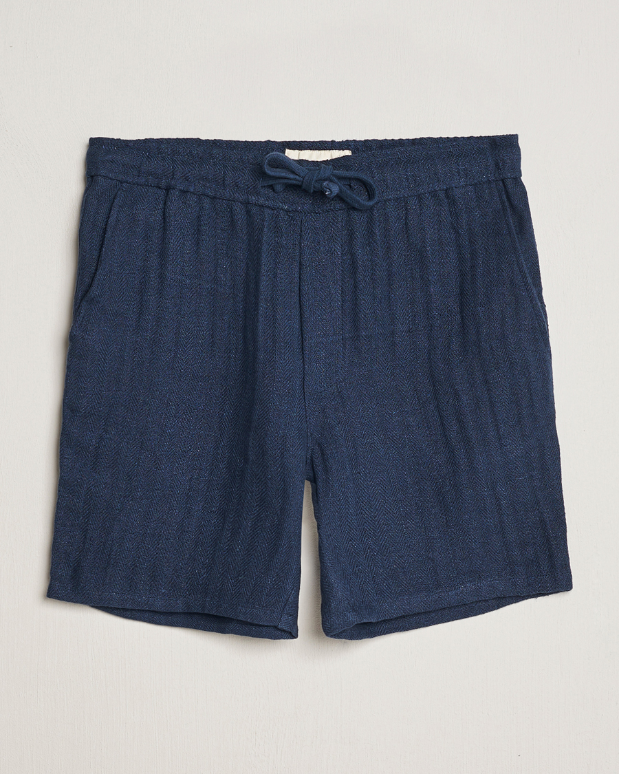 Herren | Shorts | A Day's March | Ipu Herringbone Linen Drawstring Shorts Indigo Blue