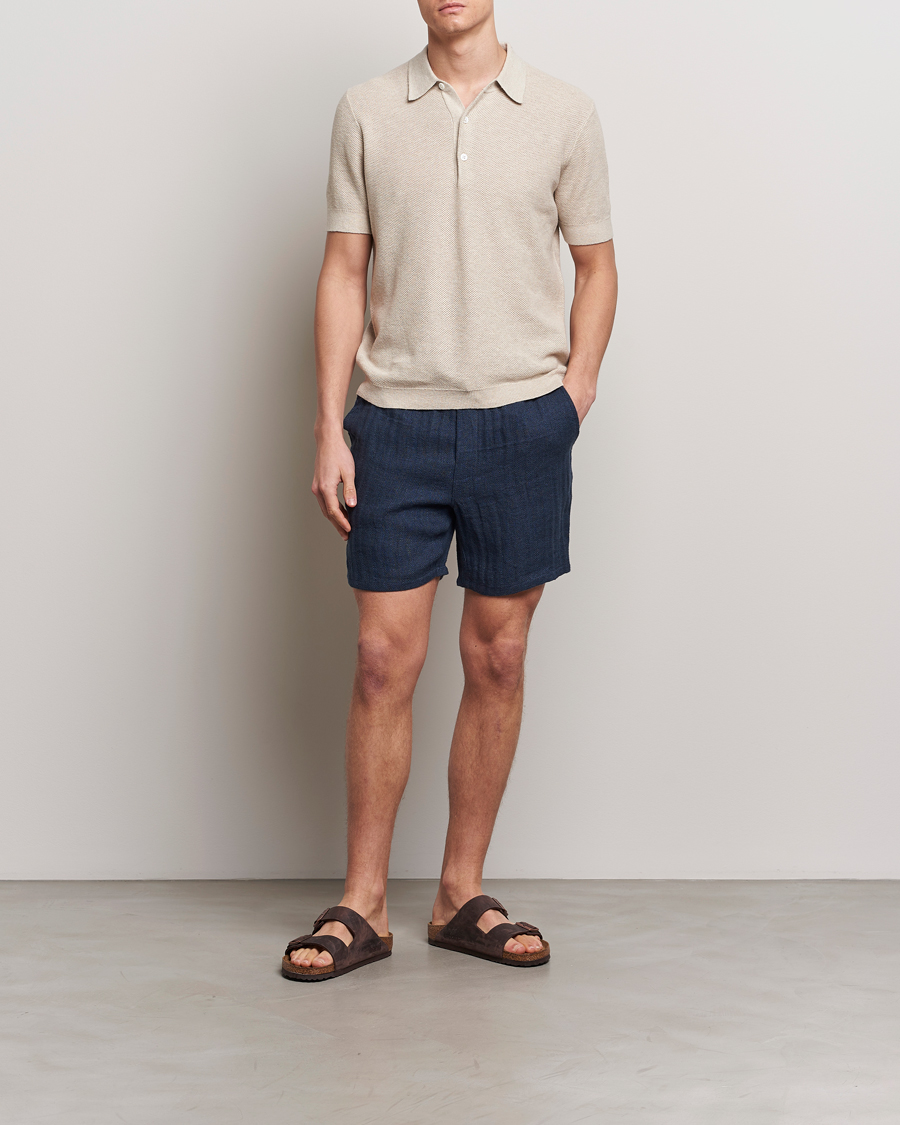 Herren | Shorts | A Day's March | Ipu Herringbone Linen Drawstring Shorts Indigo Blue