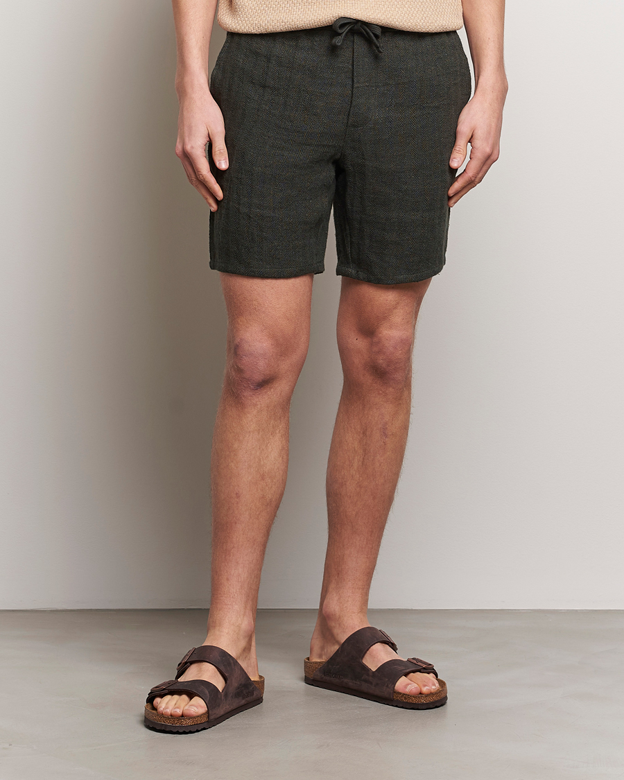 Men | A Day's March | A Day\'s March | Ipu Herringbone Linen Drawstring Shorts Olive