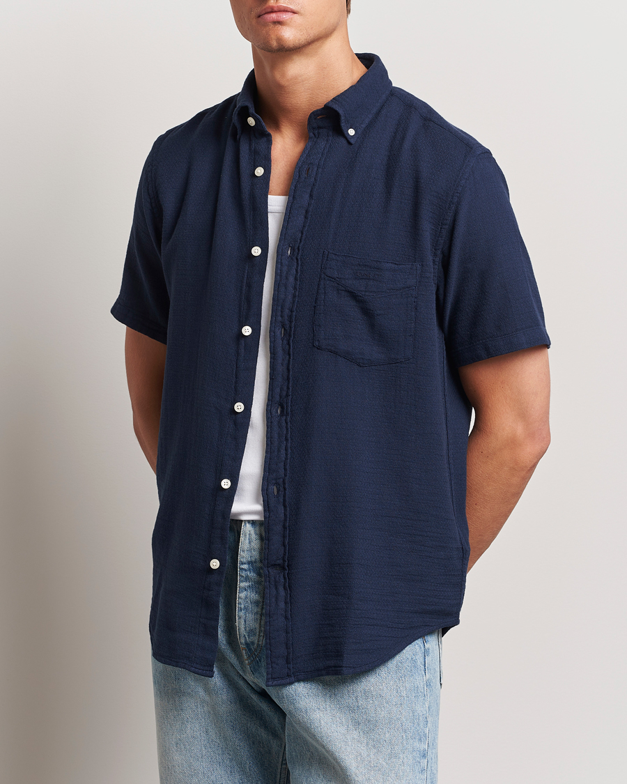 Herren | Hemden | Gant | Cotton/Linen Texture Short Sleeve Shirt Evening Blue