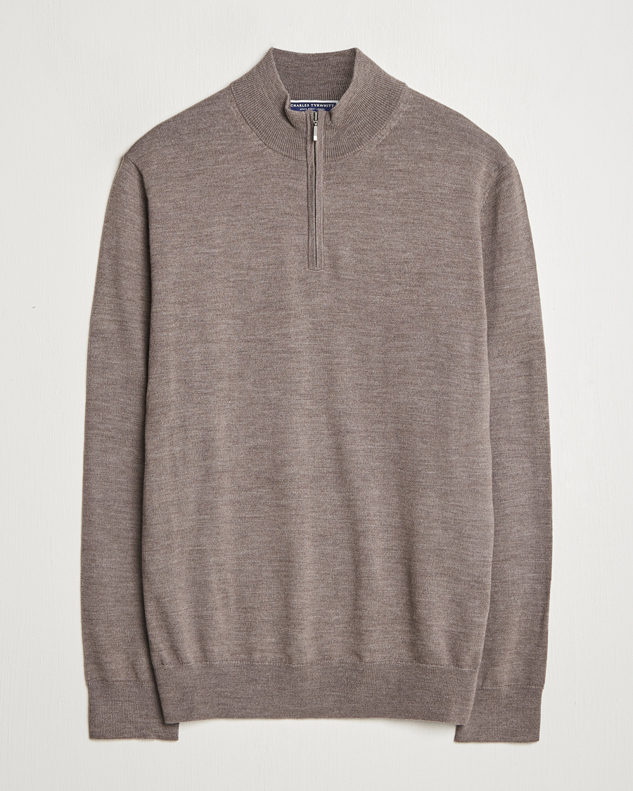 Herren | Pullover | Charles Tyrwhitt | Pure Merino Zip Neck Jumper Mocha