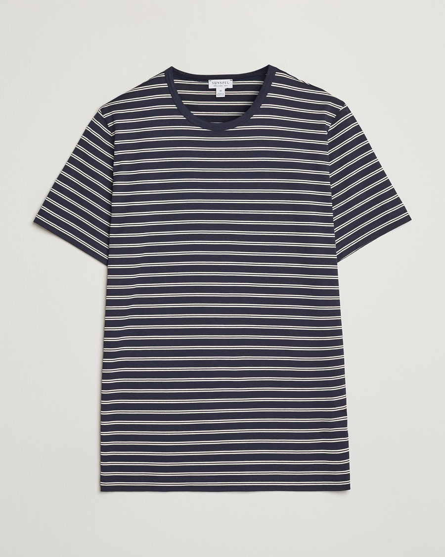 Herren | T-Shirts | Sunspel | Striped Crew Neck Cotton Tee Navy/Ecru