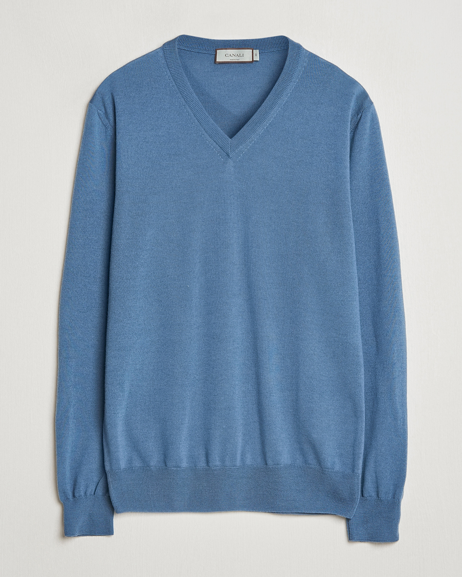Herren | Pullover | Canali | Merino Wool V-Neck Light Blue