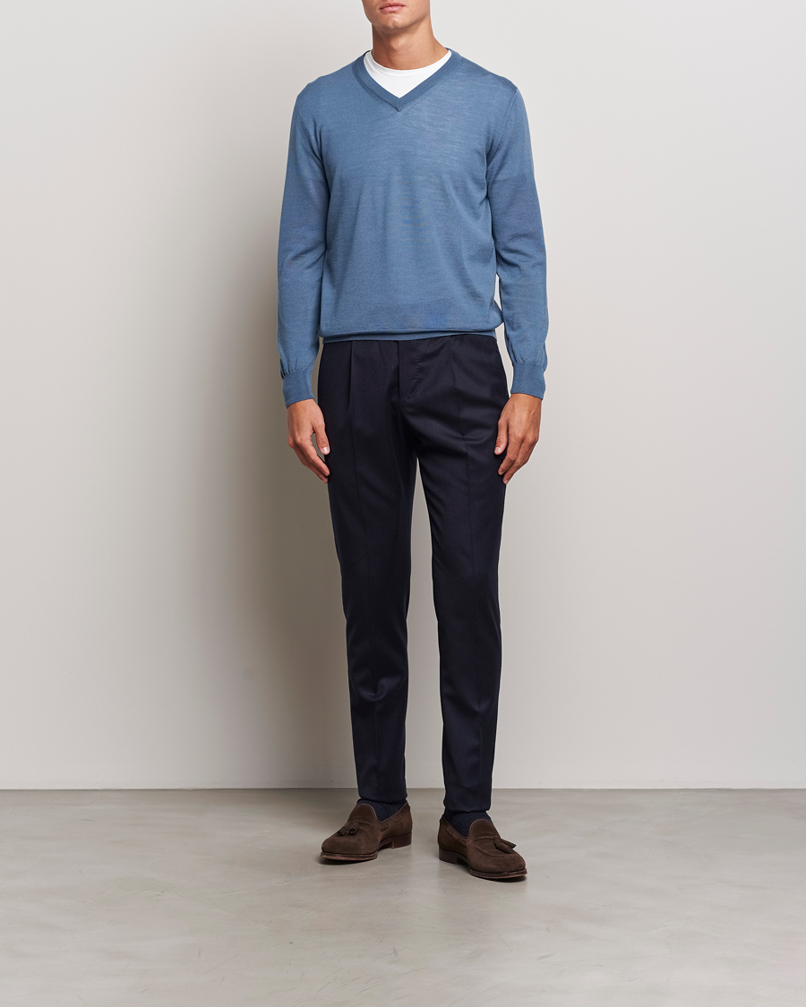 Herren | Pullover | Canali | Merino Wool V-Neck Light Blue