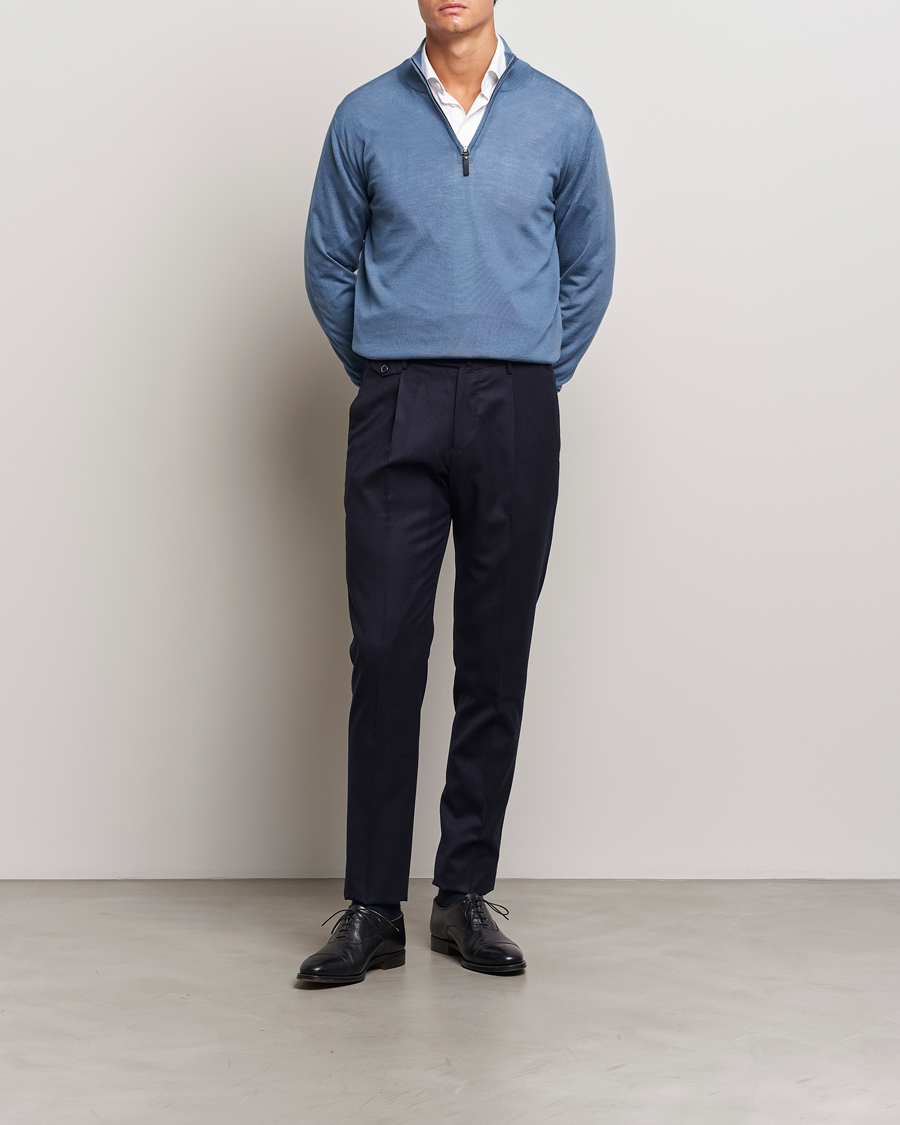 Herren | Pullover | Canali | Merino Wool Half Zip Light Blue