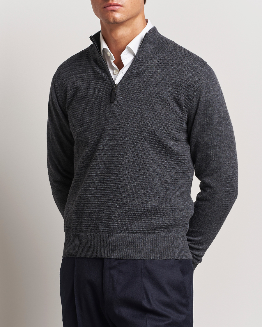 Herren | Pullover | Canali | Textured Knit Half Zip Charcoal