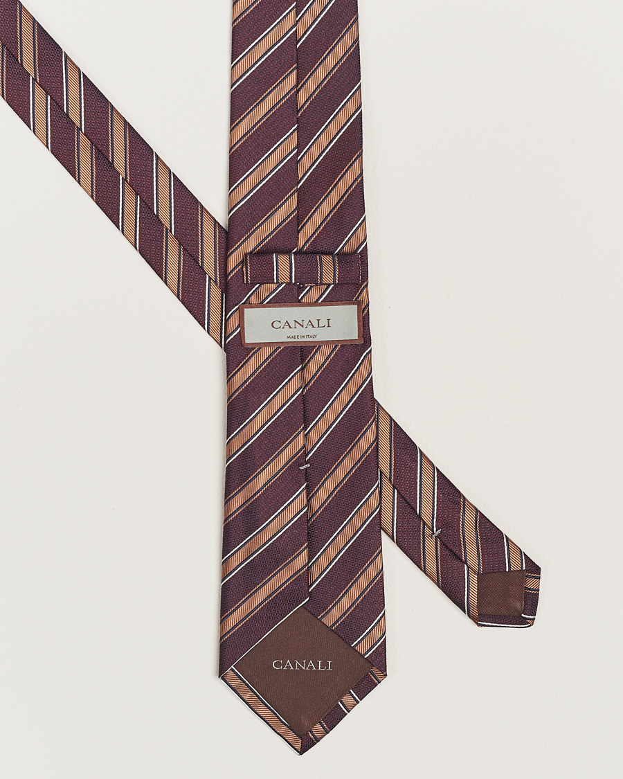 Herren | Canali Regimental Stripe Silk Tie Burgundy/Brown | Canali | Regimental Stripe Silk Tie Burgundy/Brown