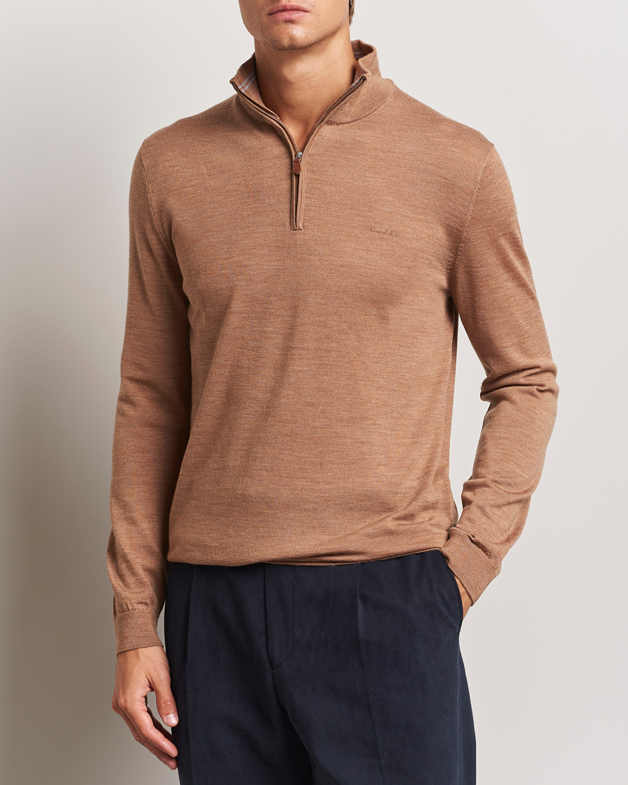 Herren | Pullover | GANT | Extrafine Merino Wool Half Zip Dk Sand Melange