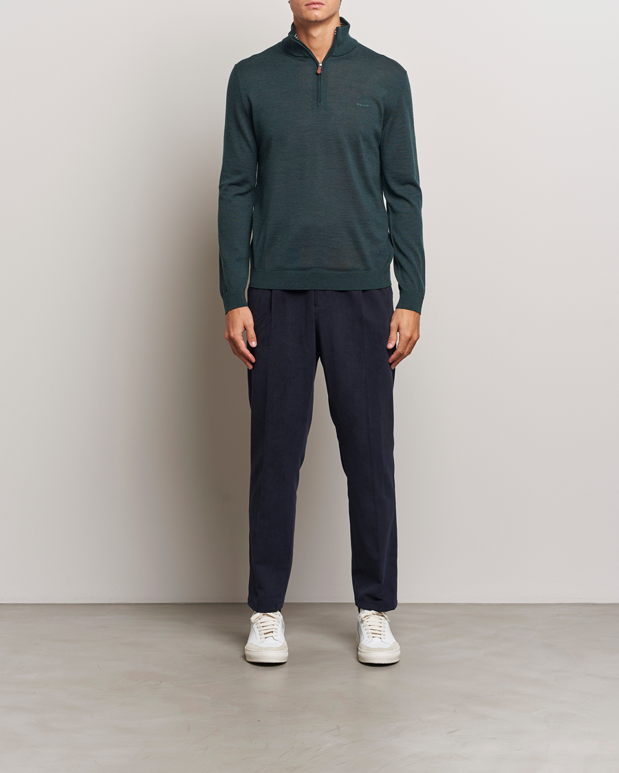 Herren | Pullover | GANT | Extrafine Merino Wool Half Zip Tartan Green