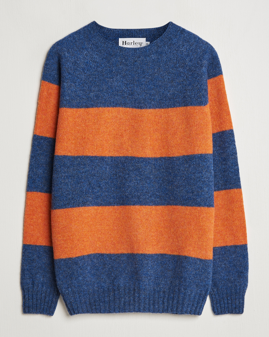 Herren | Pullover | Harley Of Scotland | Block Stripe Lambswool Crewneck Blue/Orange