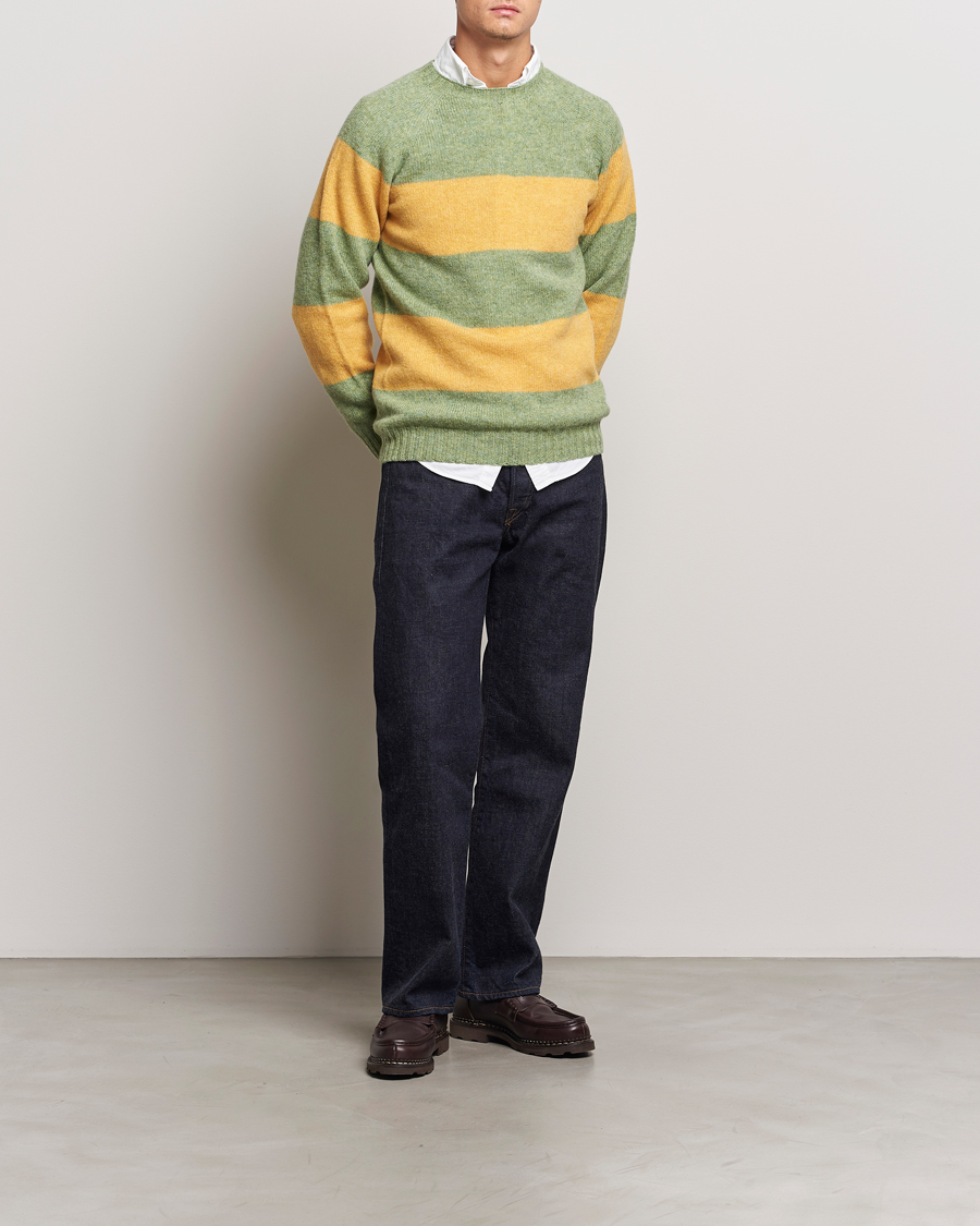 Herren | Pullover | Harley Of Scotland | Block Stripe Lambswool Crewneck Yellow/Green