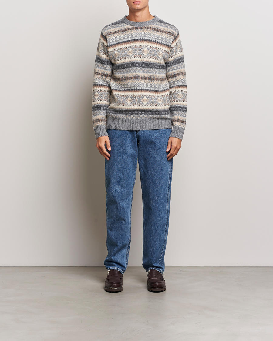 Herren | Pullover | Harley Of Scotland | Supersoft Lambswool Fairisle Crewneck Grey