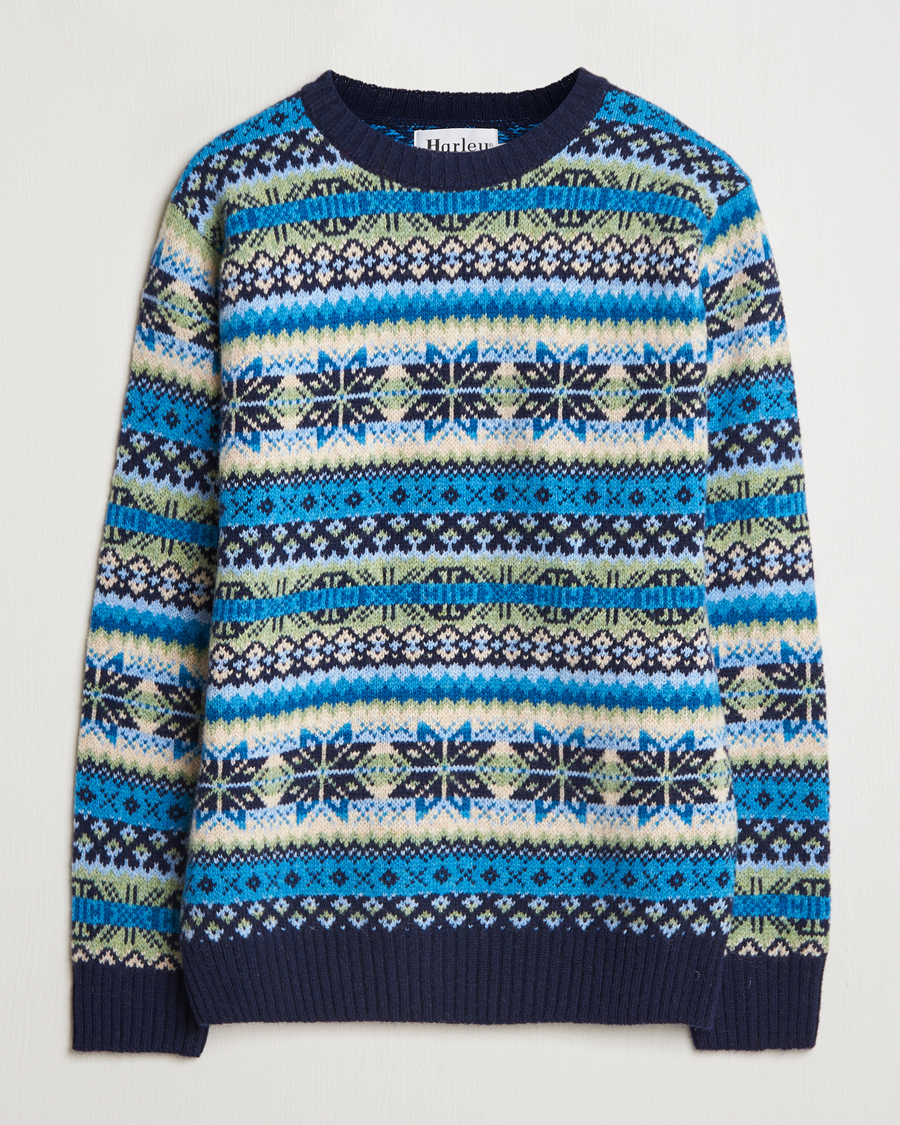 Herren | Pullover | Harley Of Scotland | Supersoft Lambswool Fairisle Crewneck Navy