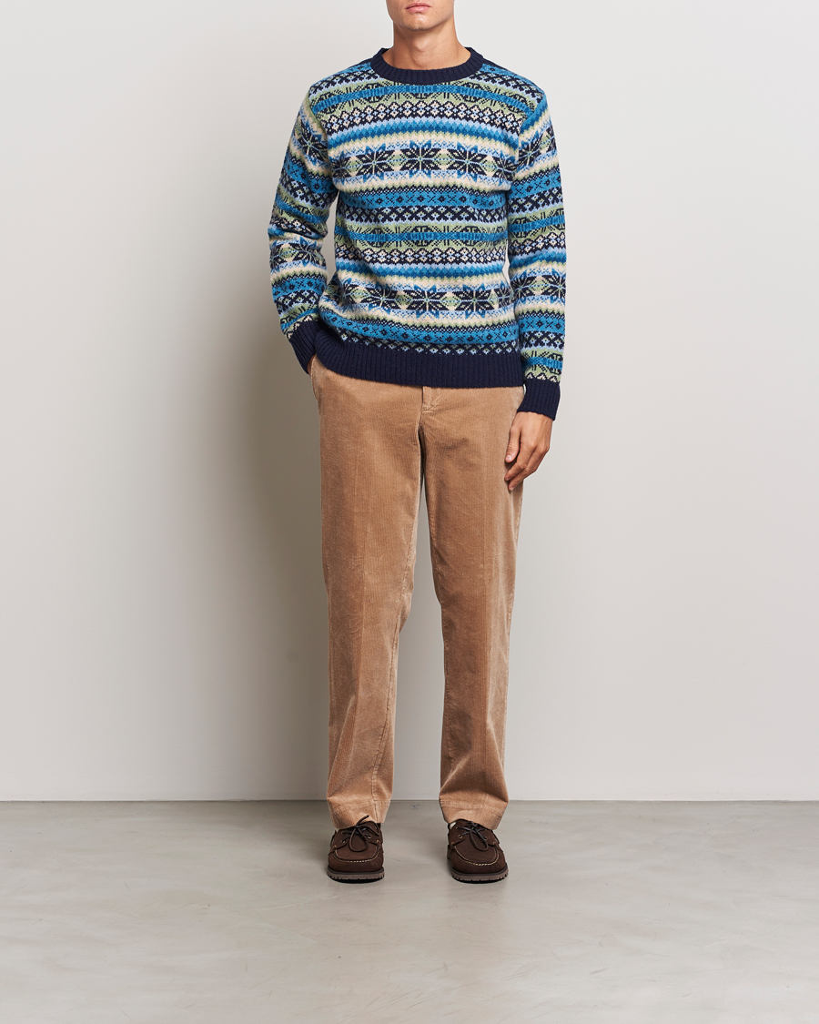 Herren | Pullover | Harley Of Scotland | Supersoft Lambswool Fairisle Crewneck Navy