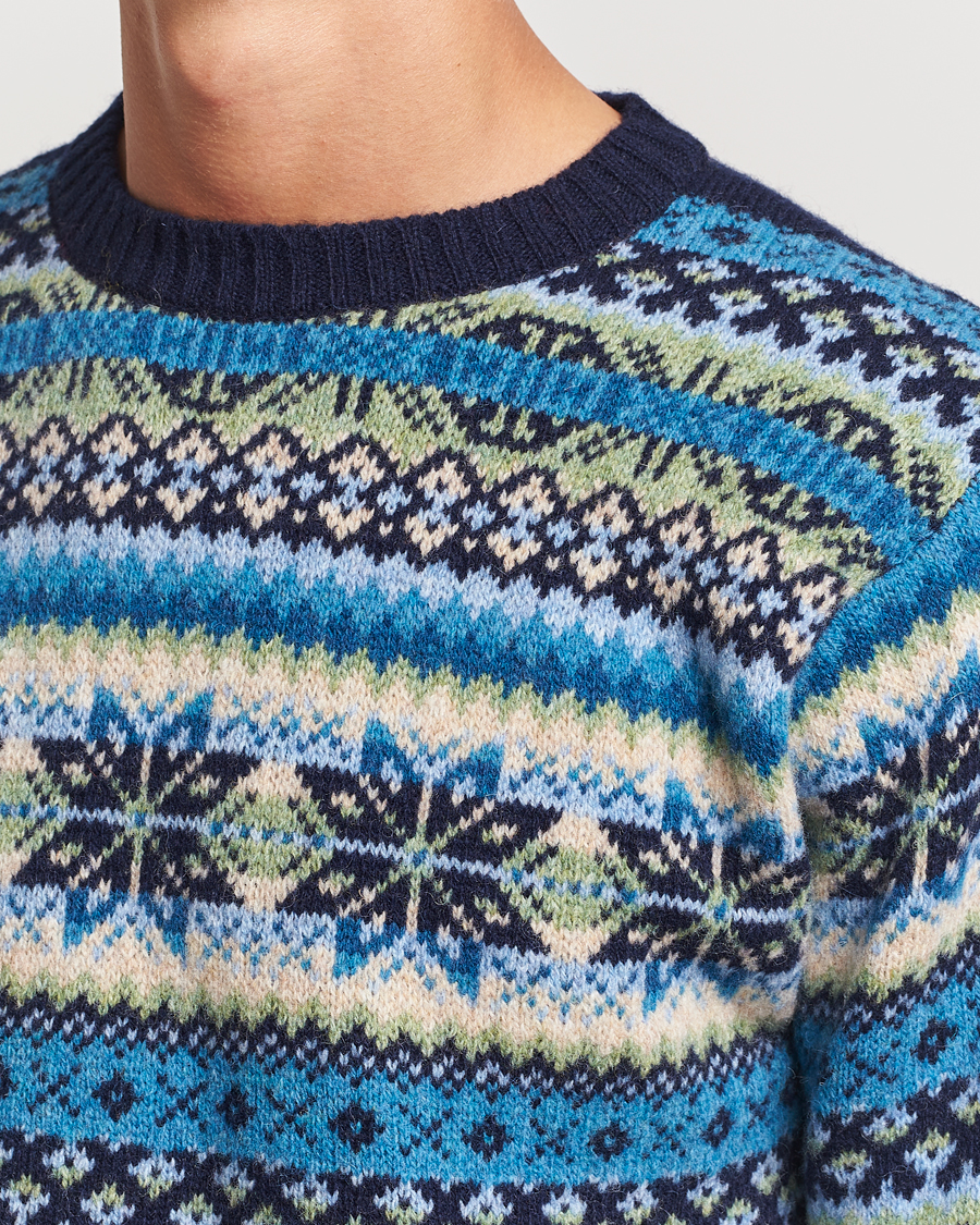 Herren | Pullover | Harley Of Scotland | Supersoft Lambswool Fairisle Crewneck Navy