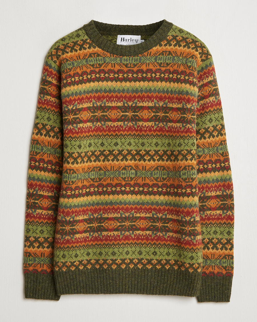 Herren | Pullover | Harley Of Scotland | Supersoft Lambswool Fairisle Crewneck Green