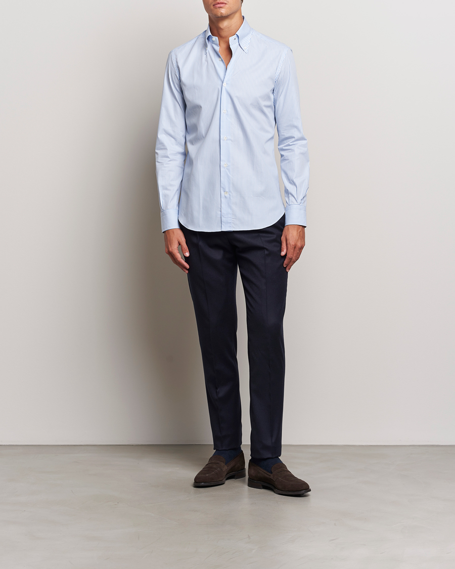 Herren | Hemden | Mazzarelli | Soft Cotton Striped Button Down Shirt Light Blue