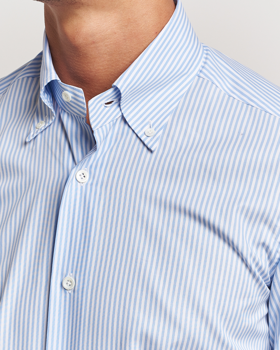 Herren | Hemden | Mazzarelli | Soft Cotton Striped Button Down Shirt Light Blue