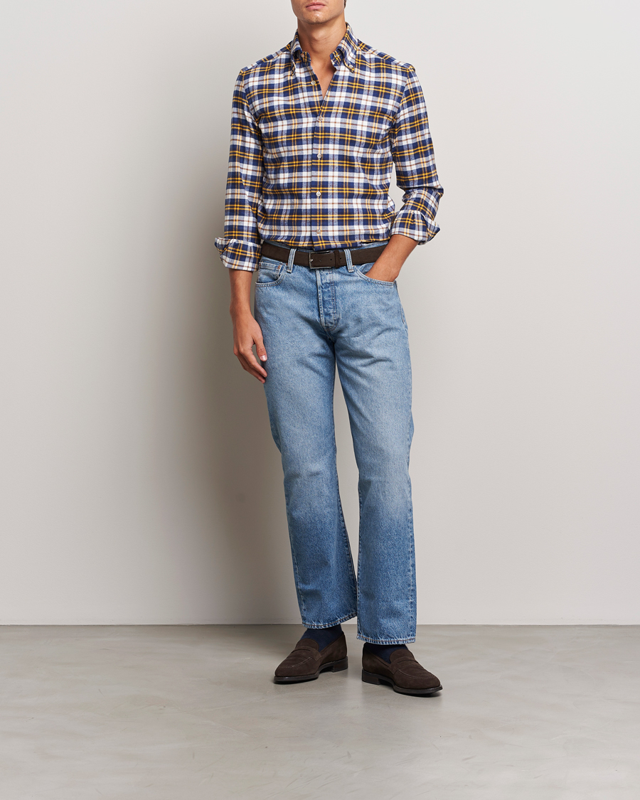 Herren | Hemden | Mazzarelli | Soft Flannel Check Button Down Shirt Blue/White