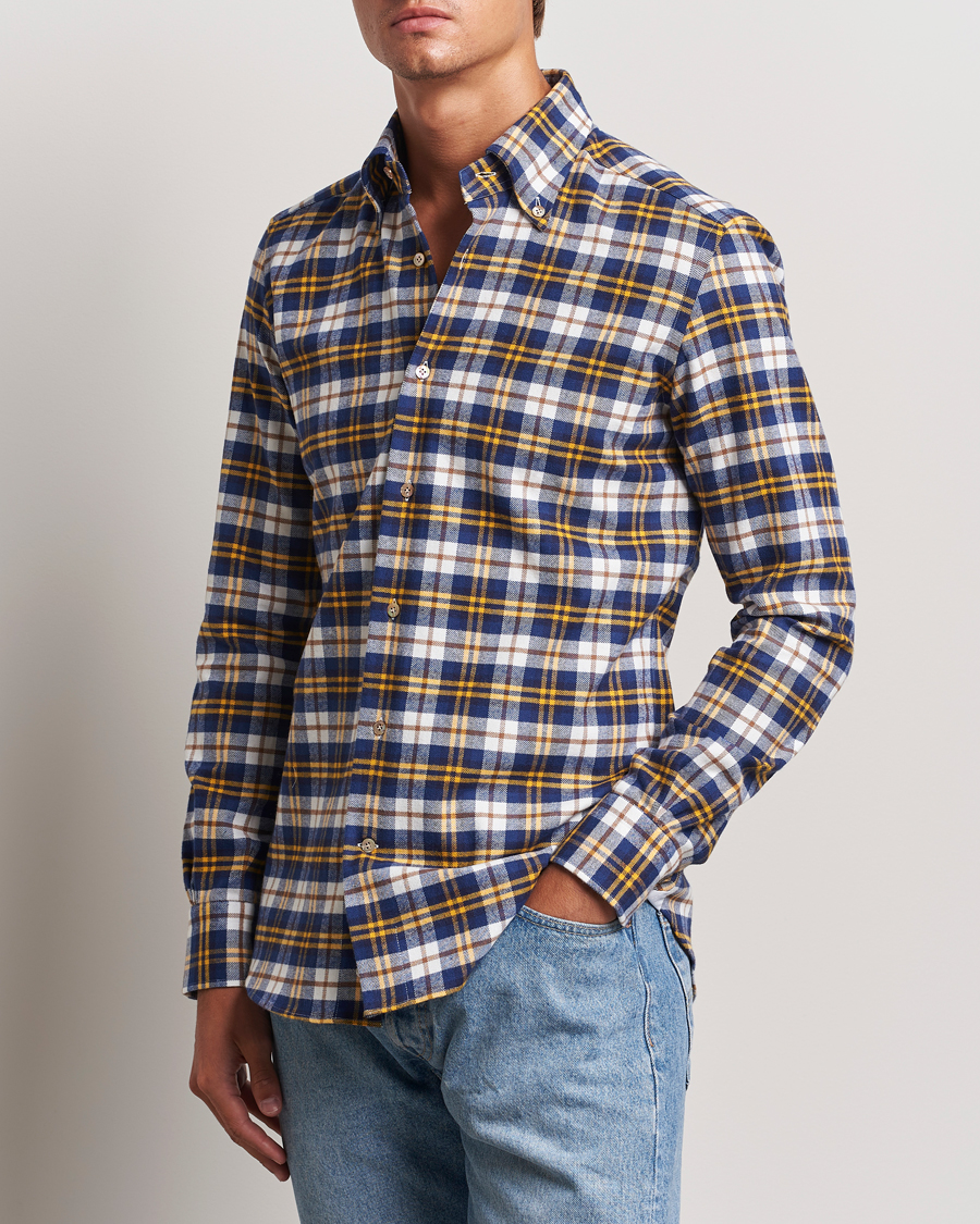 Herren | Hemden | Mazzarelli | Soft Flannel Check Button Down Shirt Blue/White
