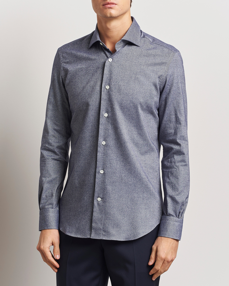 Herren | Hemden | Mazzarelli | Soft Flannel Cut Away Shirt Dark Blue