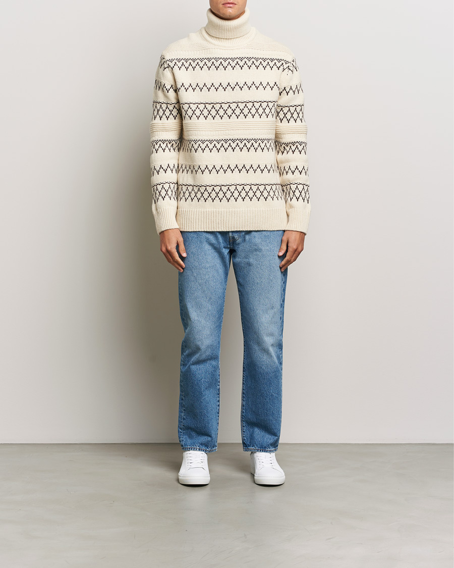 Herren | Pullover | KnowledgeCotton Apparel | Knitted Pattern Lambswool Rollneck Off White