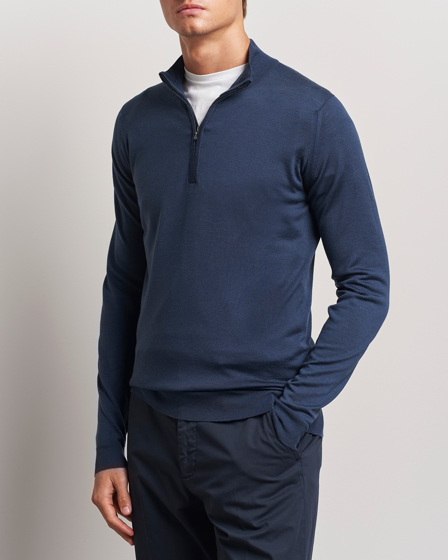 Herren | Pullover | John Smedley | Barrow Extra Fine Merino Half Zip Smoke Blue