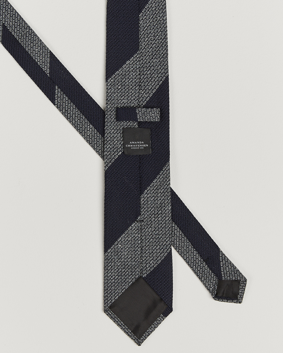 Herren | Amanda Christensen Silk/Wool Striped 8cm Tie Navy/Grey | Amanda Christensen | Silk/Wool Striped 8cm Tie Navy/Grey