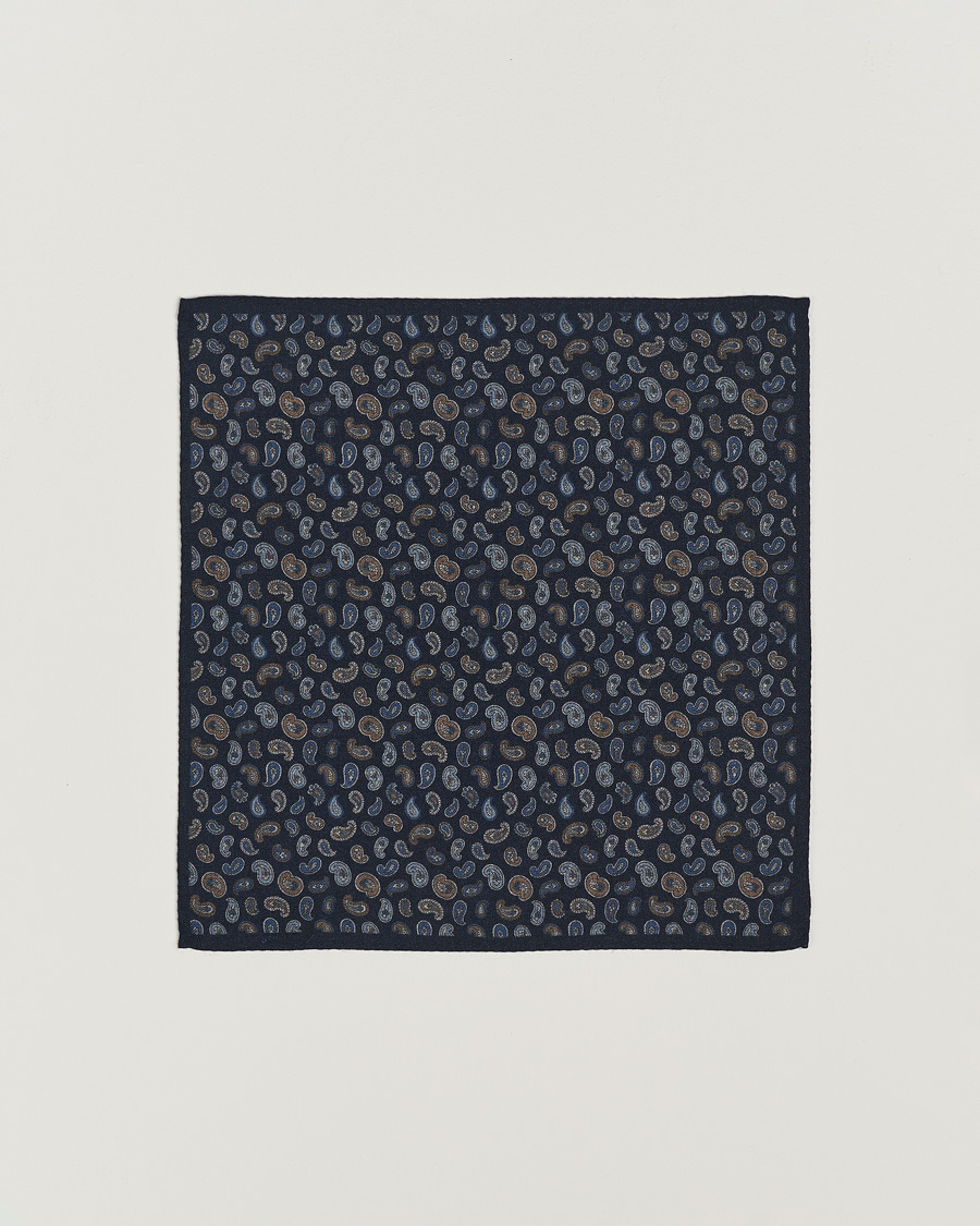 Herren | Amanda Christensen Wool Flannel Printed Paisley Pocket Square Navy | Amanda Christensen | Wool Flannel Printed Paisley Pocket Square Navy