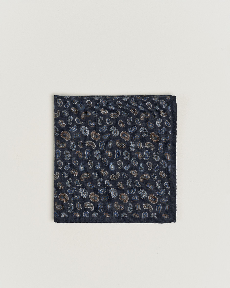 Herren | Amanda Christensen Wool Flannel Printed Paisley Pocket Square Navy | Amanda Christensen | Wool Flannel Printed Paisley Pocket Square Navy