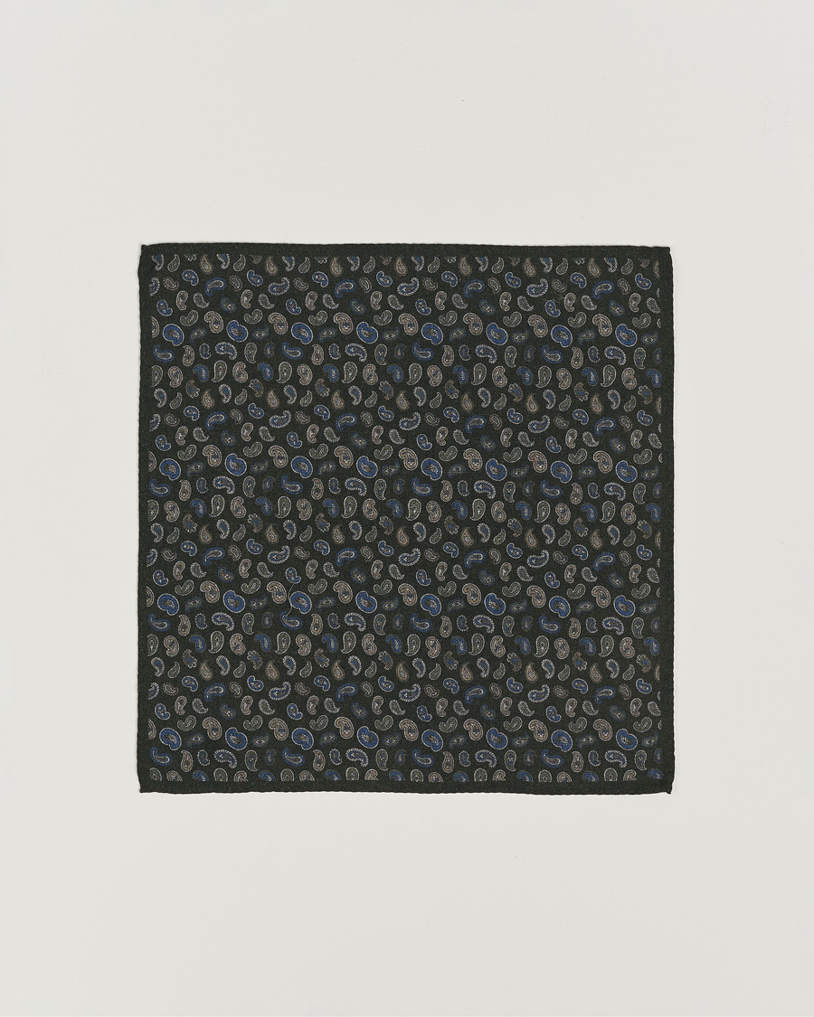 Herren | Amanda Christensen Wool Flannel Printed Paisley Pocket Square Dark Olive | Amanda Christensen | Wool Flannel Printed Paisley Pocket Square Dark Olive