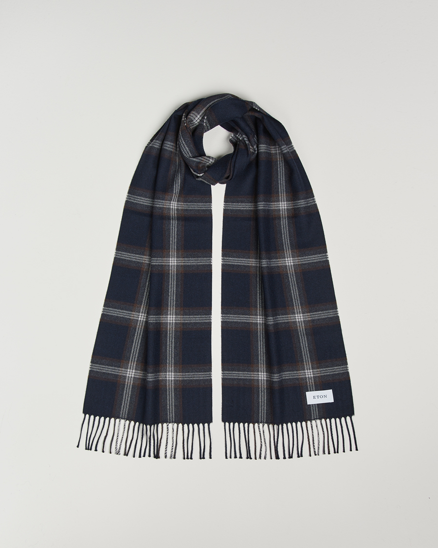 Herren | Eton Merino Wool Checked Scarf Navy Blue | Eton | Merino Wool Checked Scarf Navy Blue