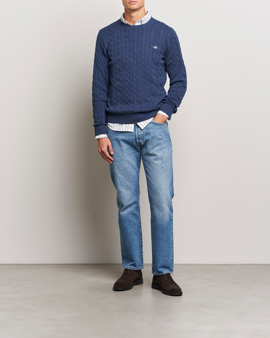 Herren | Pullover | GANT | Cotton Cable Crew Neck Dark Jeans Blue Melange